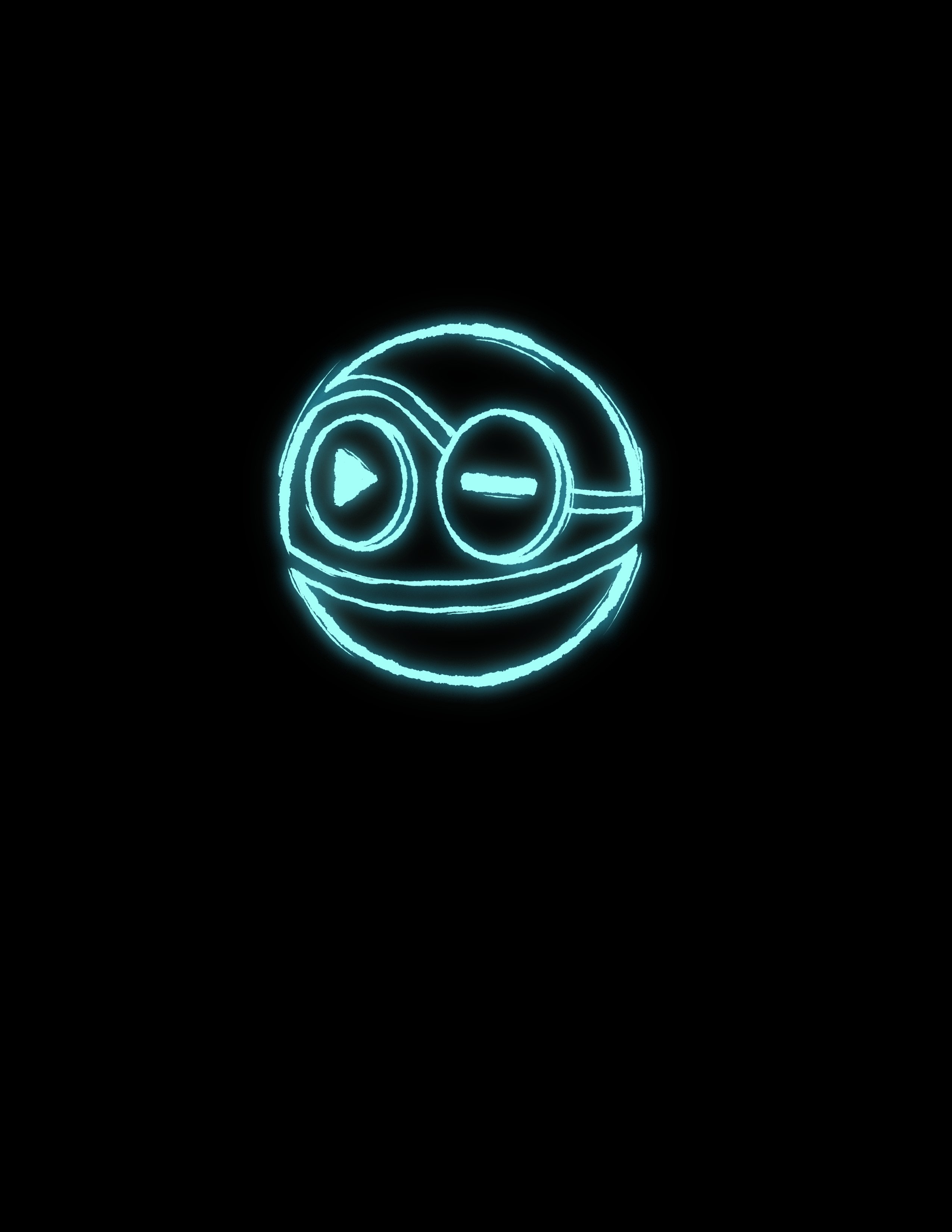 Glowing BeBall Head mascot — cyan outline on black