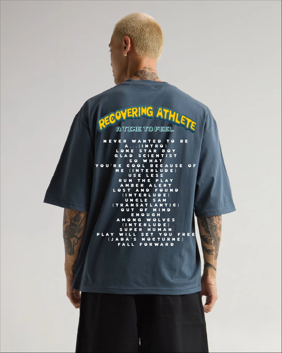 Recovering Athlete tee — back graphic showing the full album tracklist